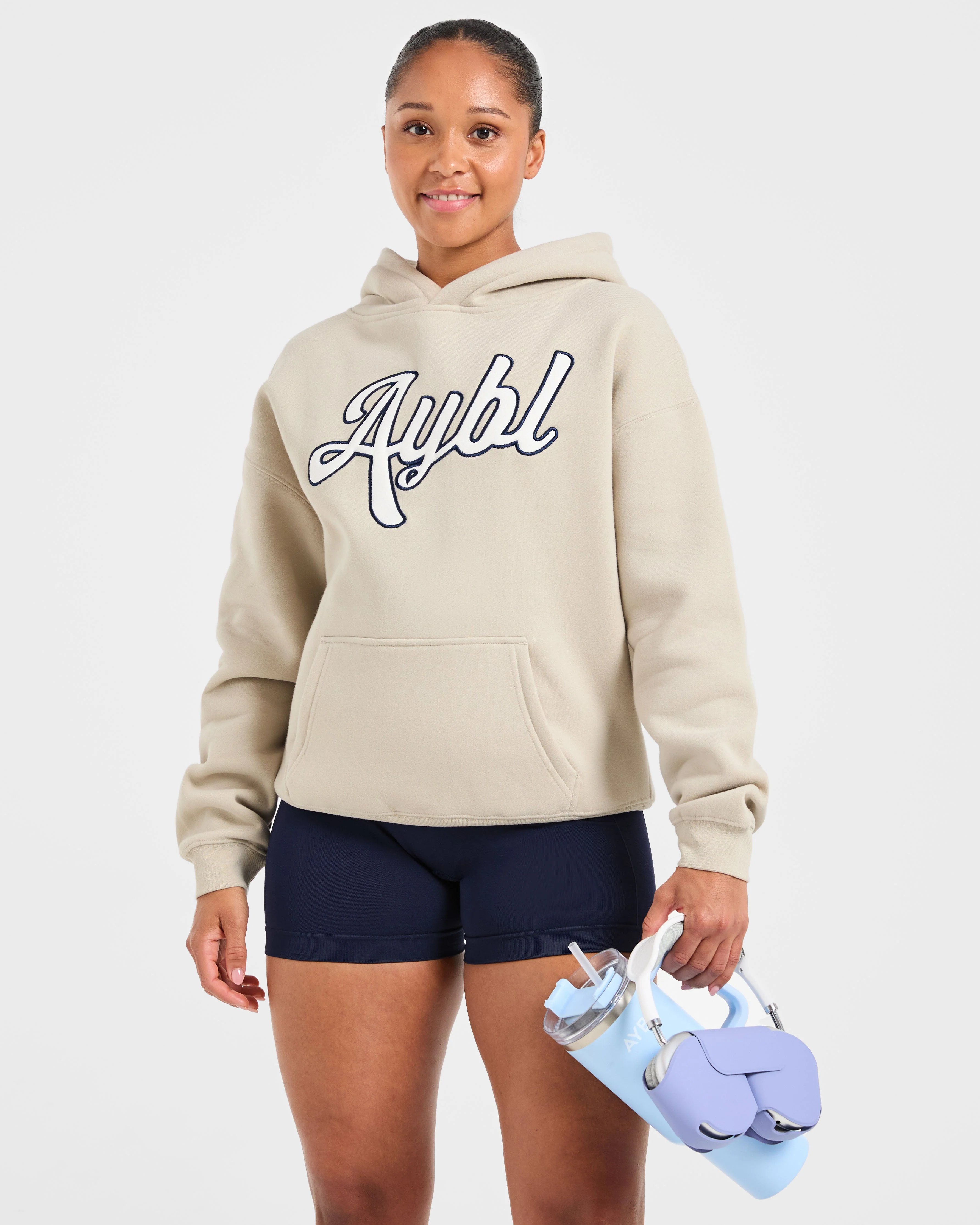 Script Embroidered Oversized Hoodie - Zand/Navy - Image 7